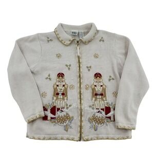 VIMSON Womens Nutcracker Christmas Cardigan Sweater Embroidered Pearls M Zip Up